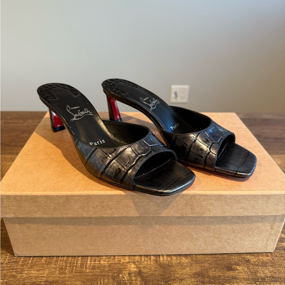 Christian Louboutin Black Croc-Embossed Open-Toe Mules with Red Heel